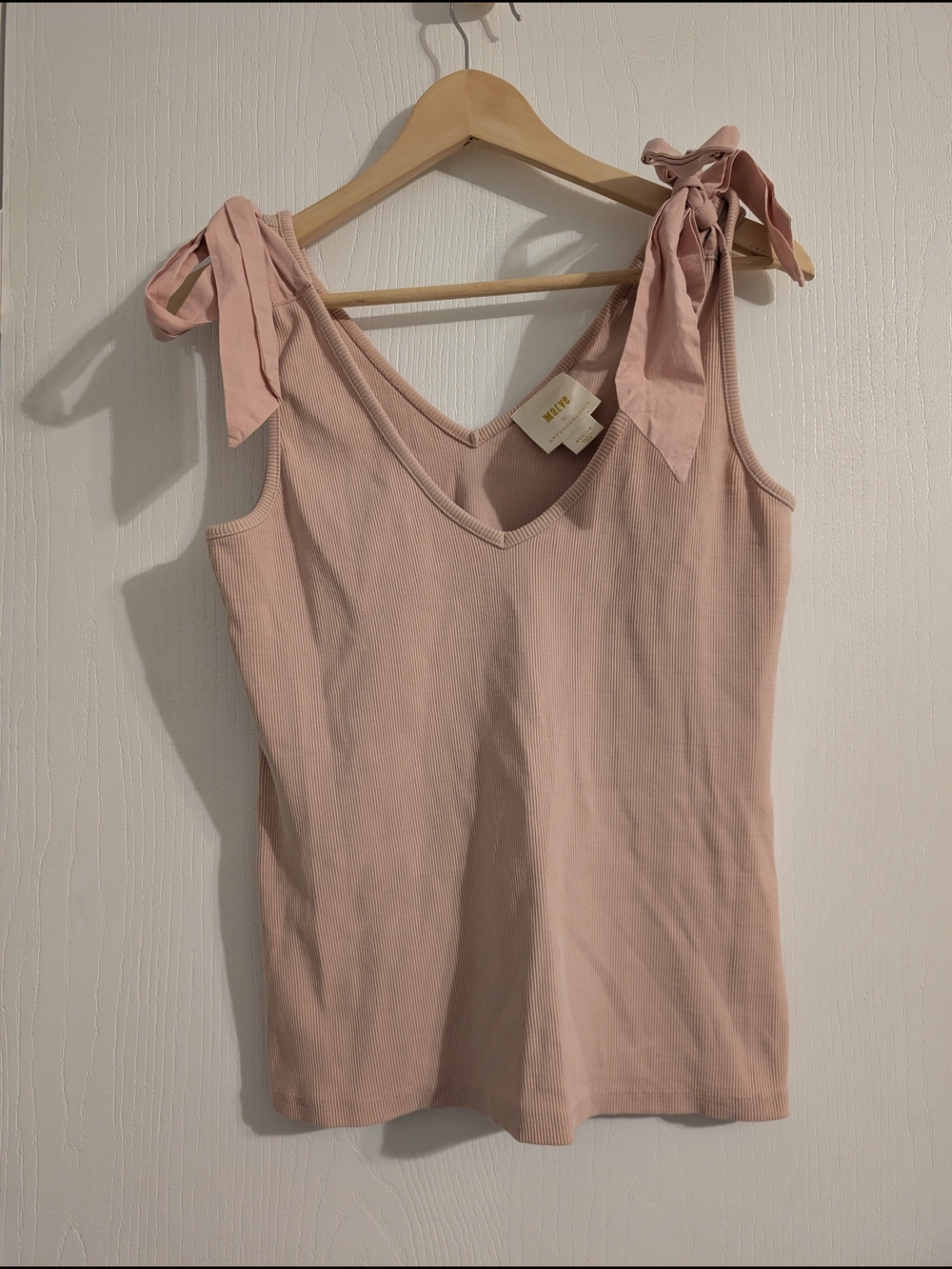 Anthropologie Blush Tie-Shoulder Ribbed V-Neck Tank